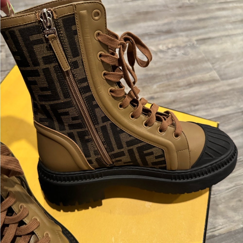 Fendi Brown & Black FF Logo Lace-Up Combat Boots - Picture 3 of 5